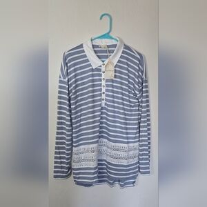 Hem & Thread Striped Long Sleeve Crochet Lace Top Blue White New Size Large